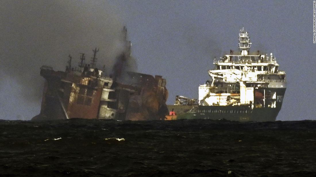 Fears of oil spill emergency as cargo ship that burnt for 13 days off coast of Sri Lanka is now sinking