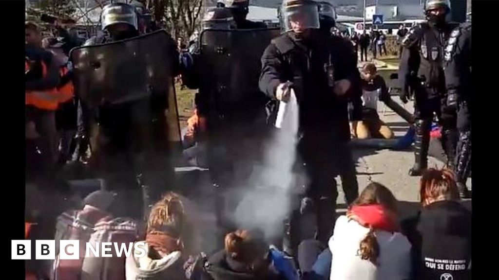 Climate activists at French airport protest 'doused in pepper spray'