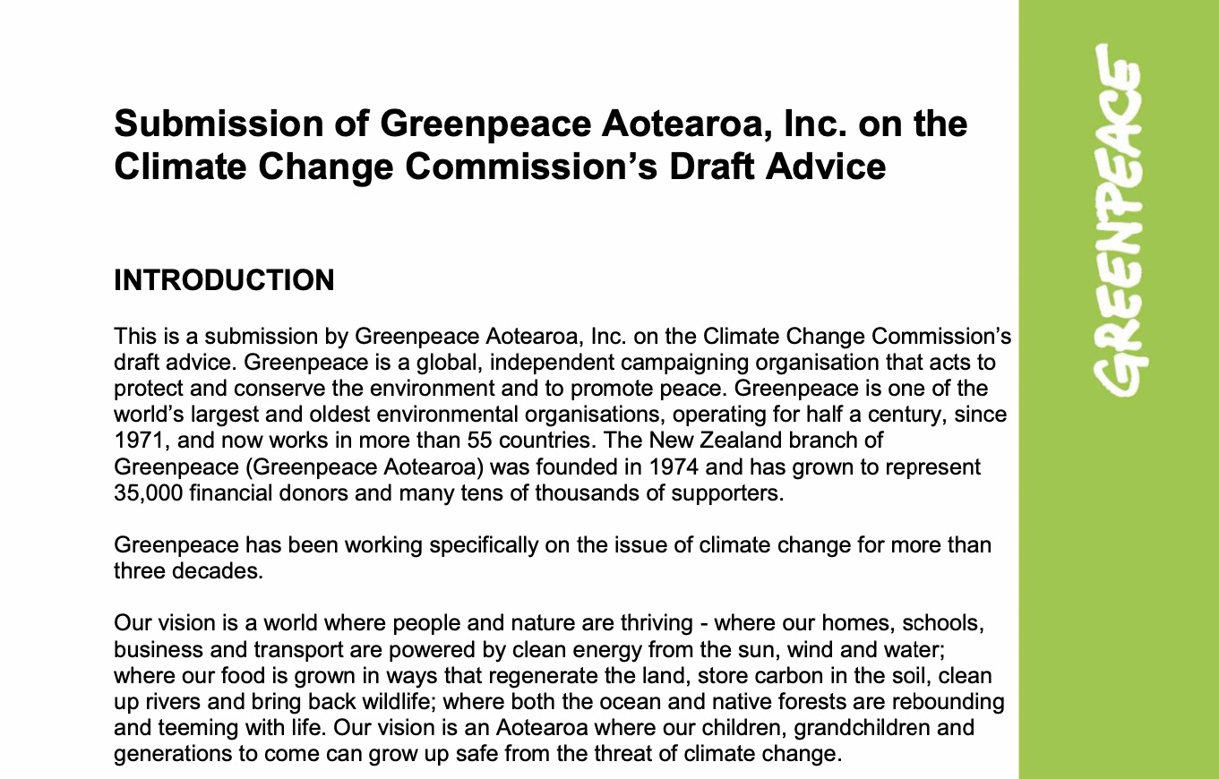 Greenpeace Aotearoa submission on the Climate Change Commission’s Draft Advice,