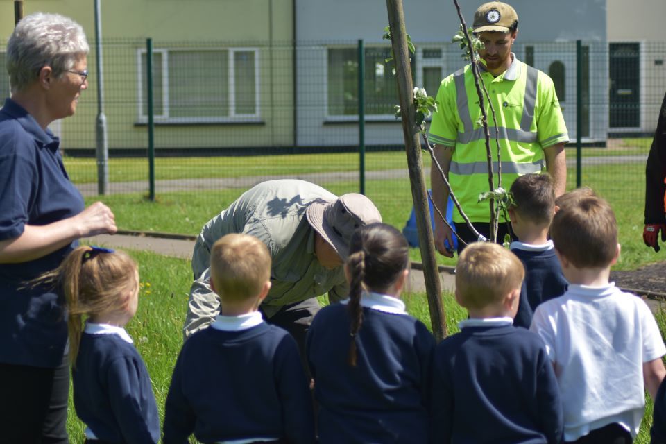 School children take part in tree planting to help improve the environment