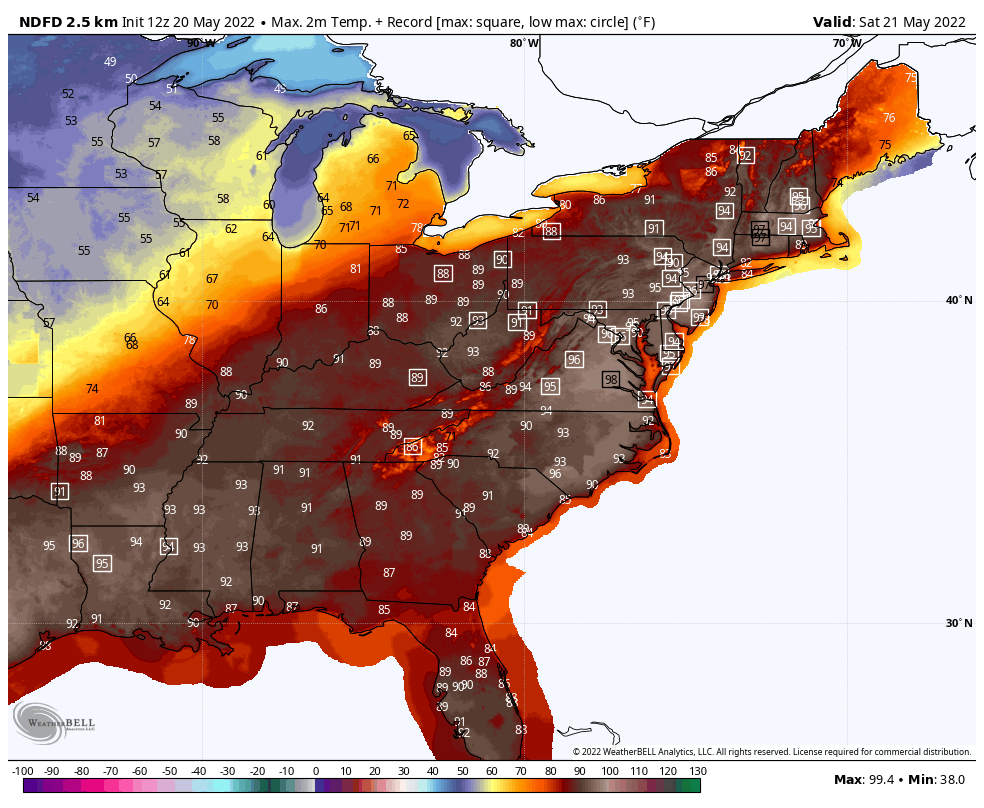 Record heat surging toward East Coast with temperatures to near 100